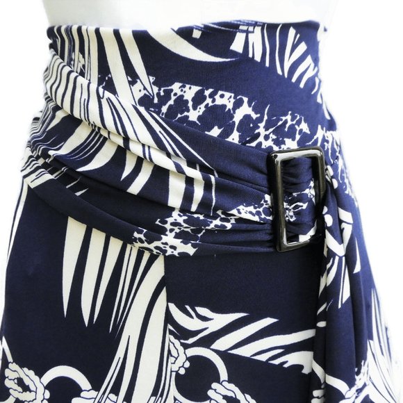 Resort Wear Navy Palazzo Pants NEW High Waist Ruched Tie Buckle Flare White L - Picture 5 of 11